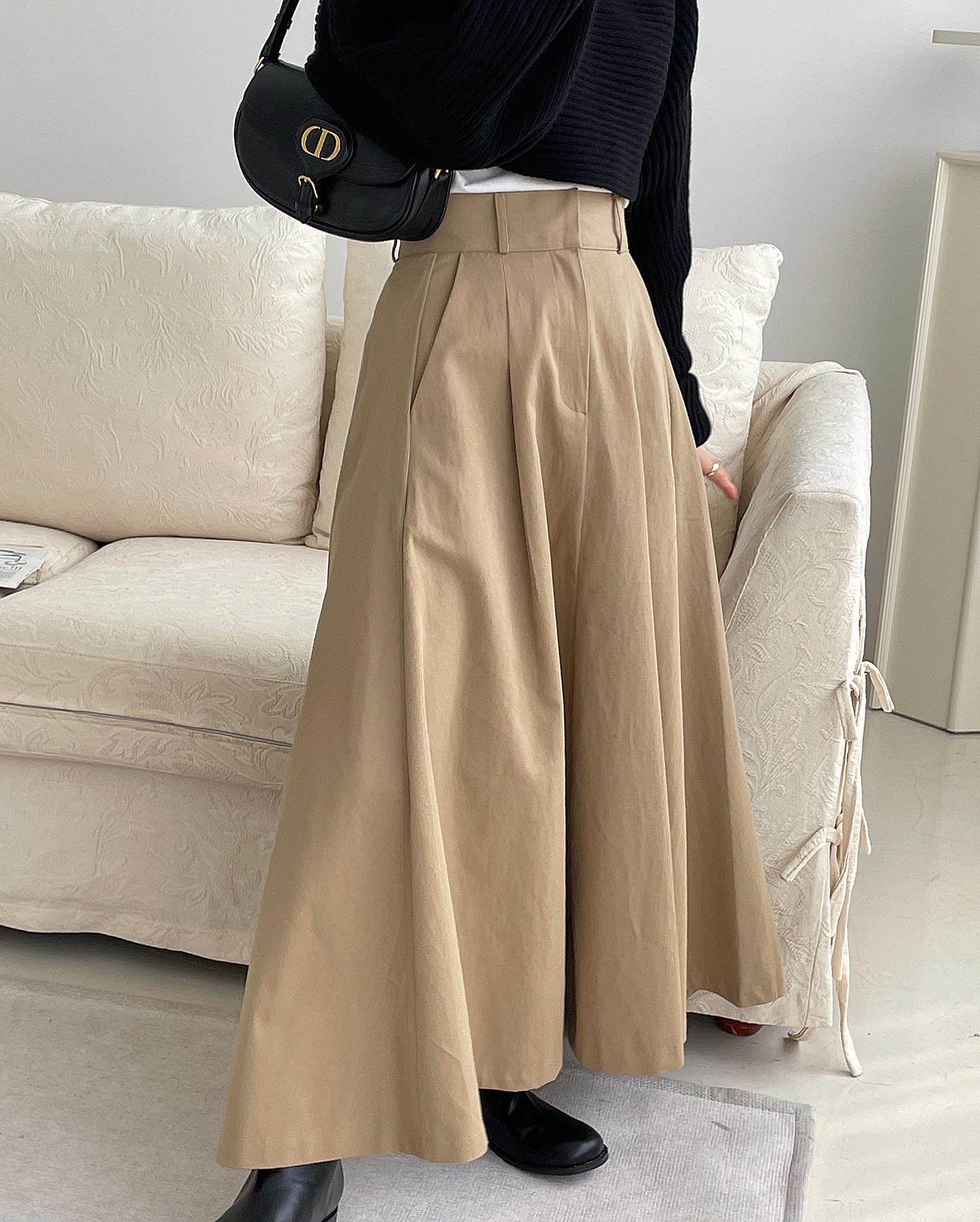 시즈 여성 가을 롱 핀턱 플리츠 A라인 하이웨스트 주름 코튼 스커트