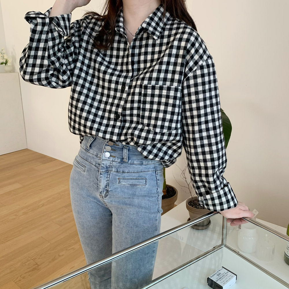여성 셔츠 피치 기모 여자 체크 남방 가을 겨울 블라우스 간절기룩 오버핏 여성 남방 이미지 6
