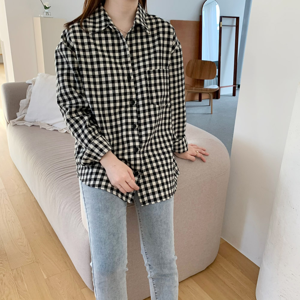 여성 셔츠 피치 기모 여자 체크 남방 가을 겨울 블라우스 간절기룩 오버핏 여성 남방 - 상세 이미지 3