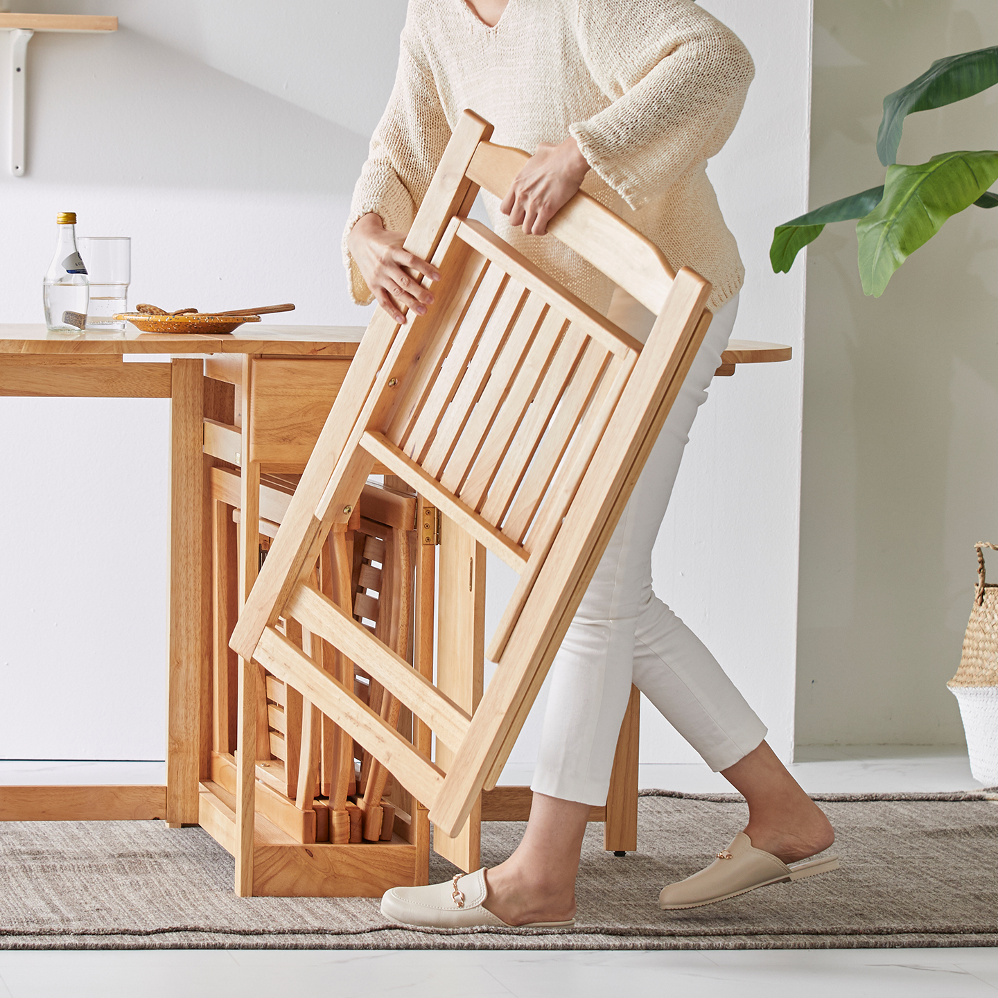 오브유 접이식 고무나무 원목 1인용 식탁의자