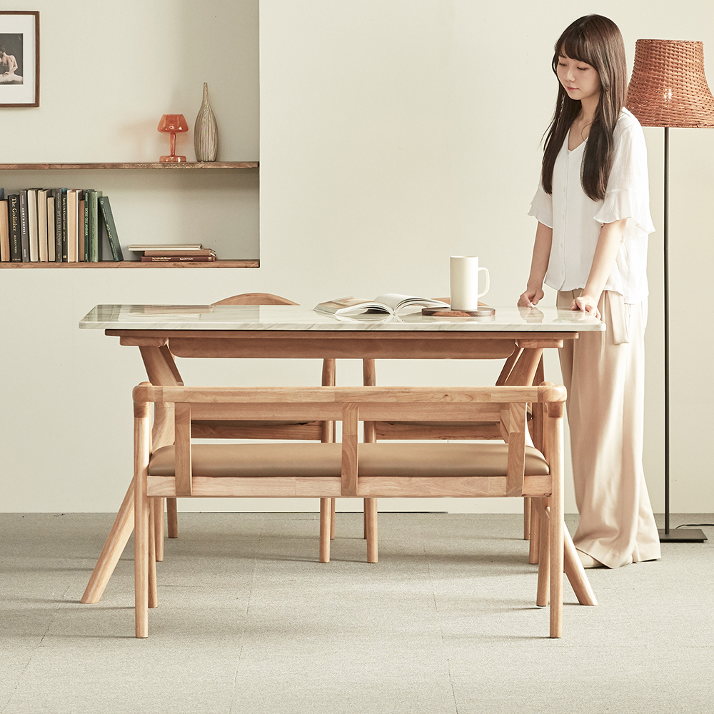 모노 비앙코 대리석 원목 4인용 식탁세트 2인벤치1+의자2