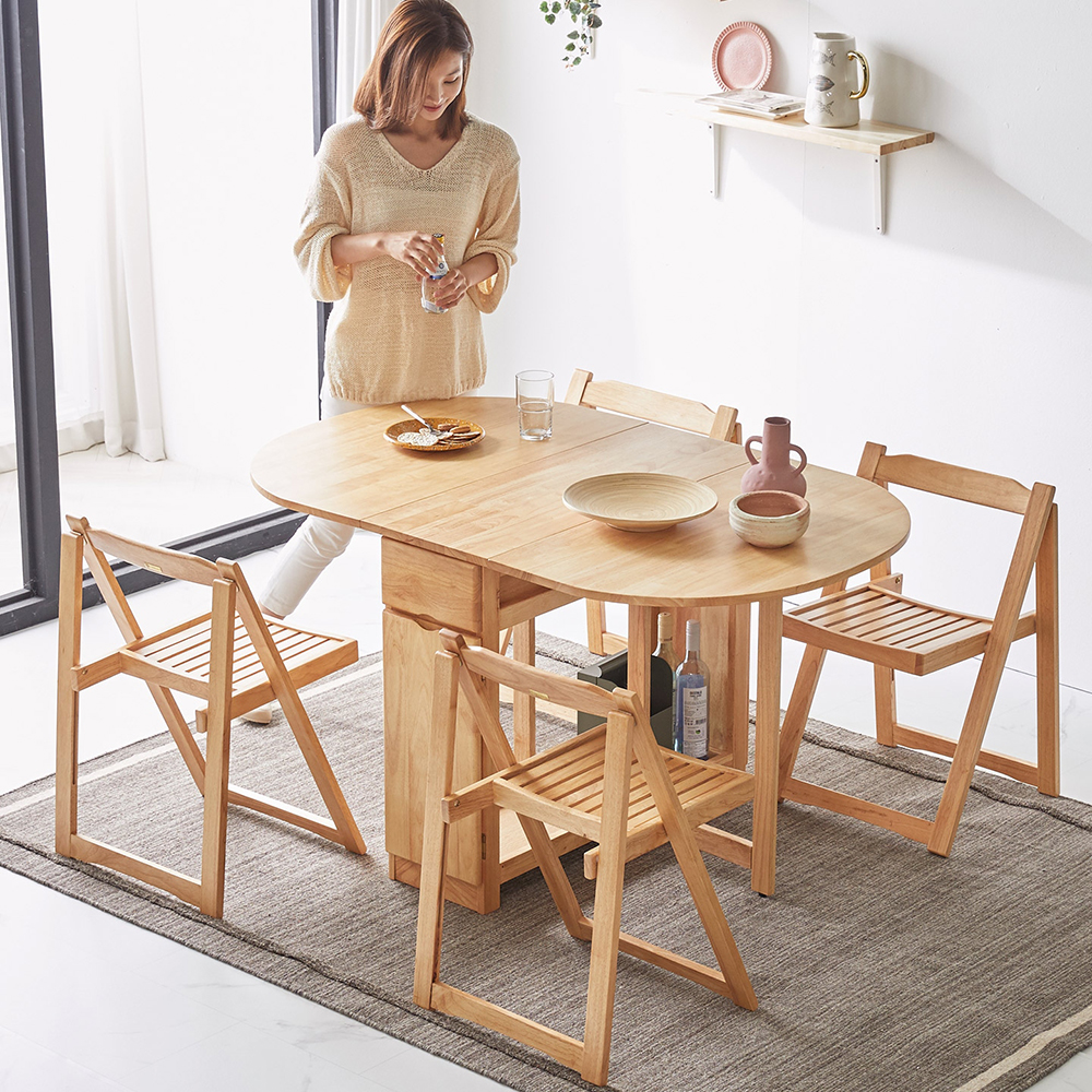 [무료배송] 오브유 접이식 확장형 타원 라운드 원목 4인용 식탁세트 의자4