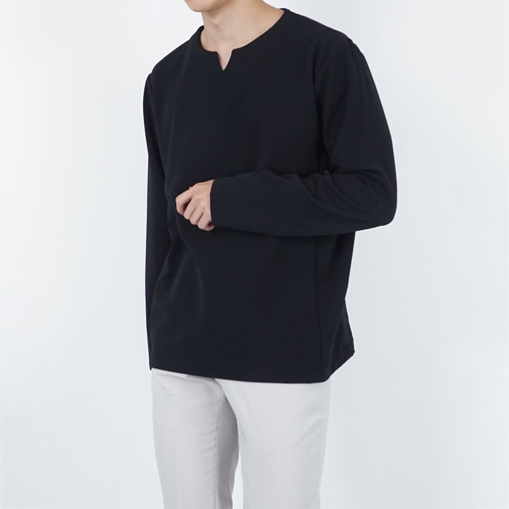 남자 미니멀 베이직 브이 포인트넥 가을 긴팔 티셔츠 4color 4size - 메인 이미지