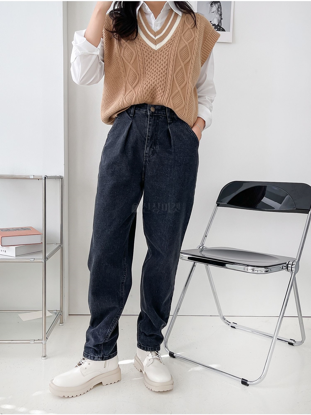 주름 핀턱 워싱 배기 와이드 데님 청바지 팬츠 이미지 2
