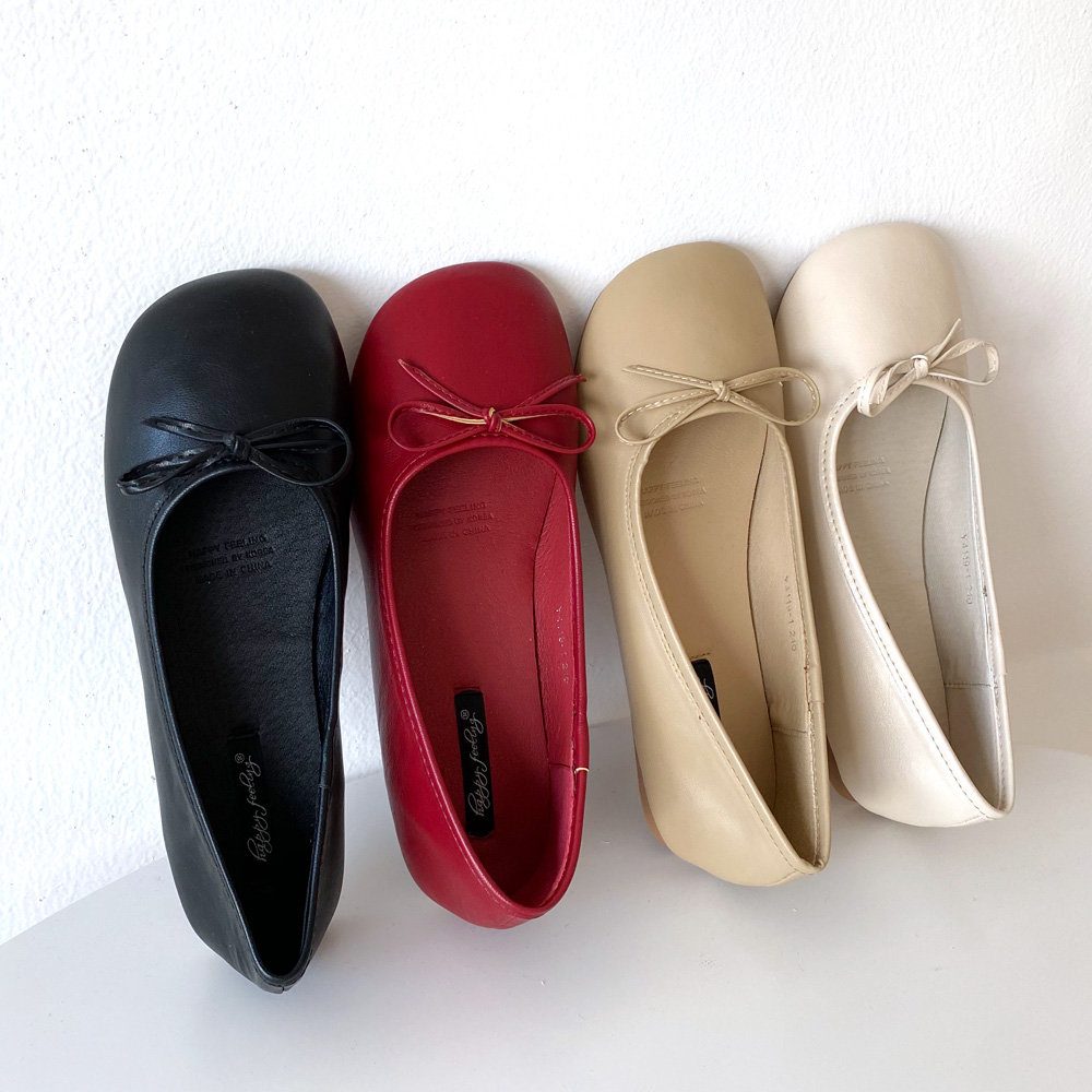 발편한플랫 리본 여성플랫슈즈 둥근코 쿠션 가죽 단화