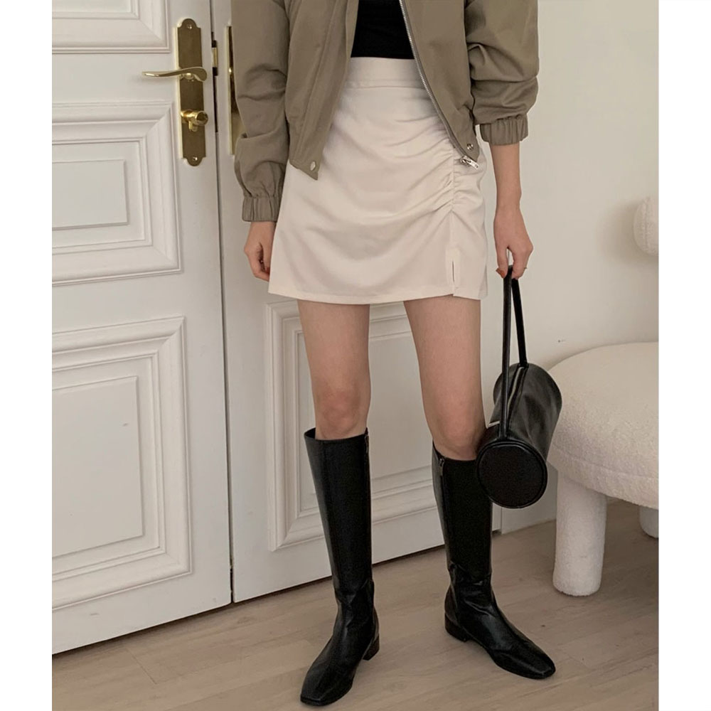 [당일배송] 오버무드 여성 페미닌 러블리 뒷밴딩 언발 셔링 밑트임 h라인 미니 스커트 4color - 상세 이미지 5