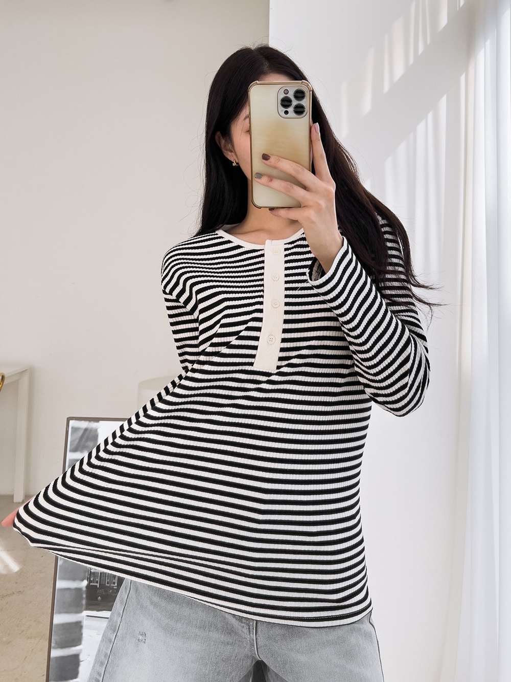 골지 단가라 줄지 단작 긴팔 티셔츠 3컬러 이미지 3
