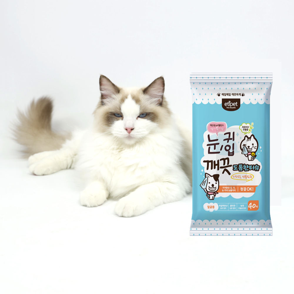 에티펫 눈귀입 깨끗 도톰한티슈 40매 고양이 세정 물티슈