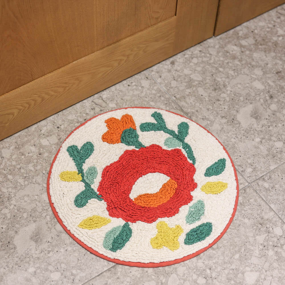 레드 에스닉 플라워 원형 순면 욕실 발매트