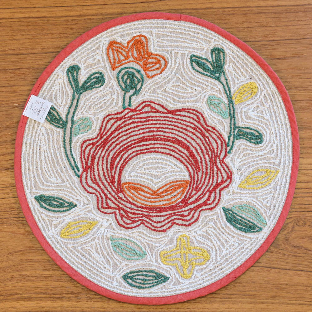 레드 에스닉 플라워 원형 순면 욕실 발매트