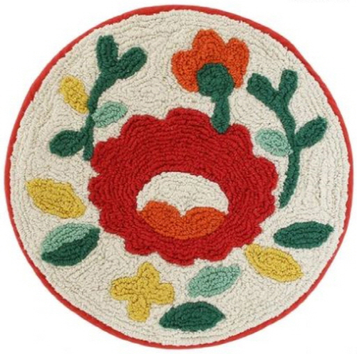 레드 에스닉 플라워 원형 순면 욕실 발매트