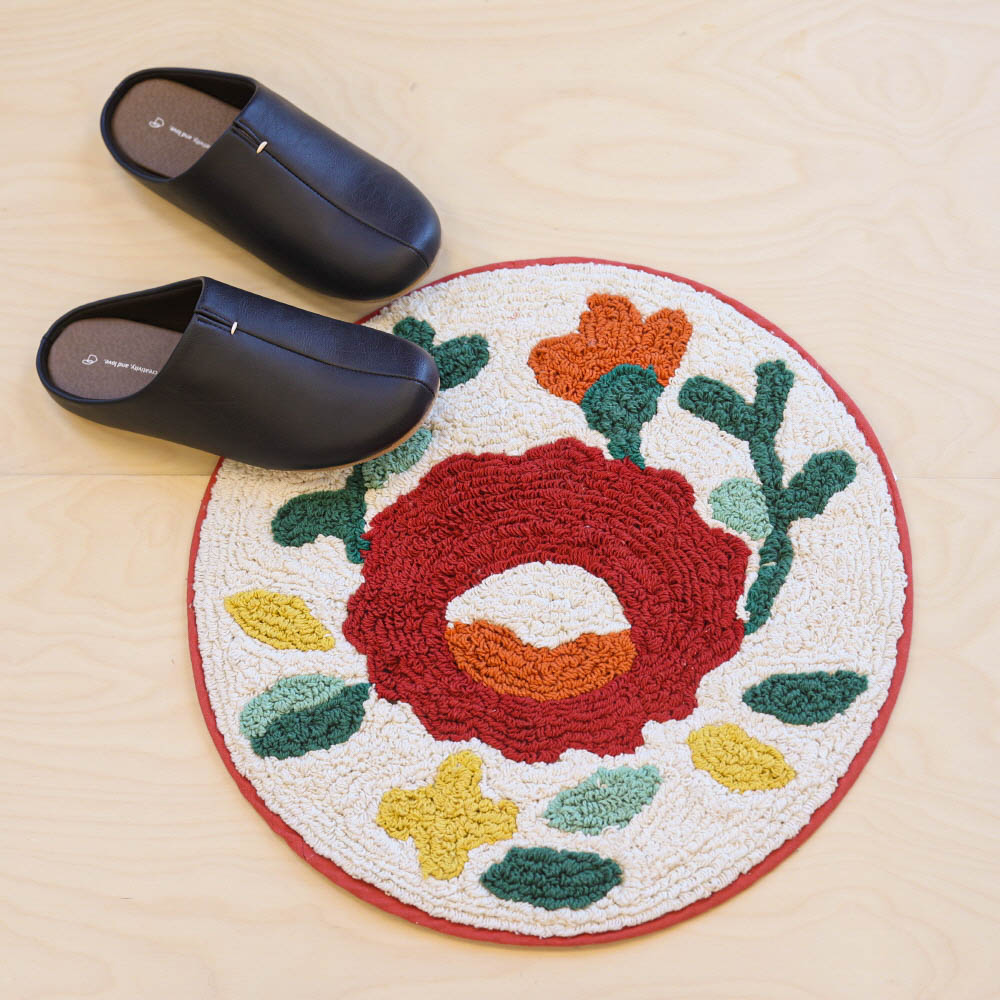 레드 에스닉 플라워 원형 순면 욕실 발매트