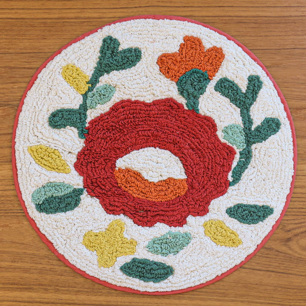 레드 에스닉 플라워 원형 순면 욕실 발매트