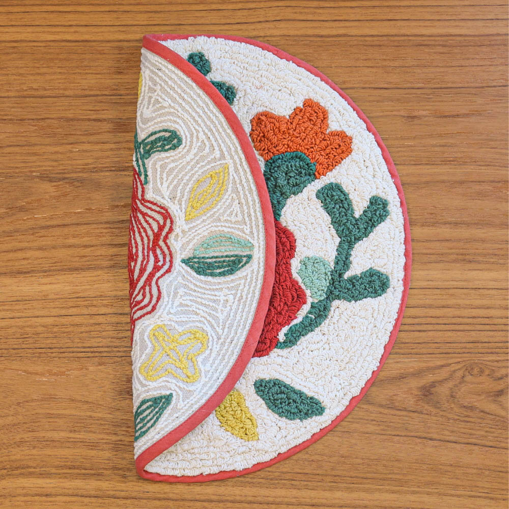 레드 에스닉 플라워 원형 순면 욕실 발매트