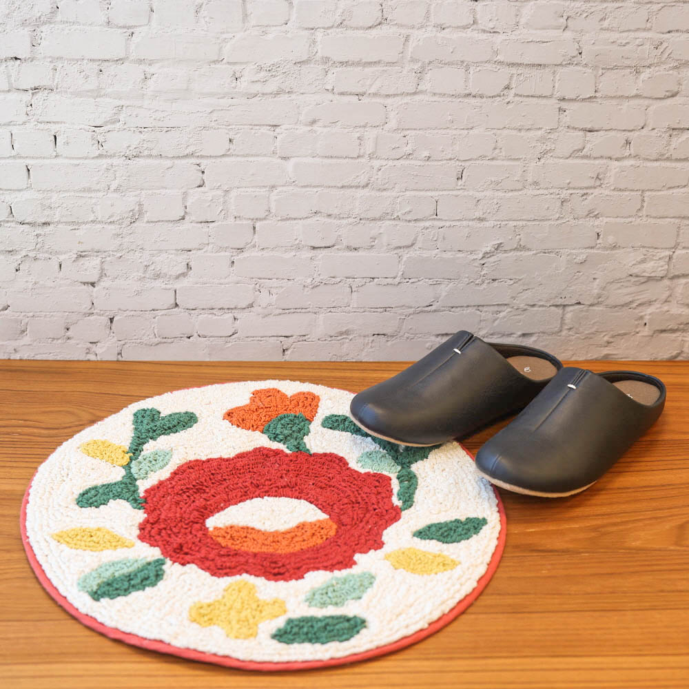 레드 에스닉 플라워 원형 순면 욕실 발매트