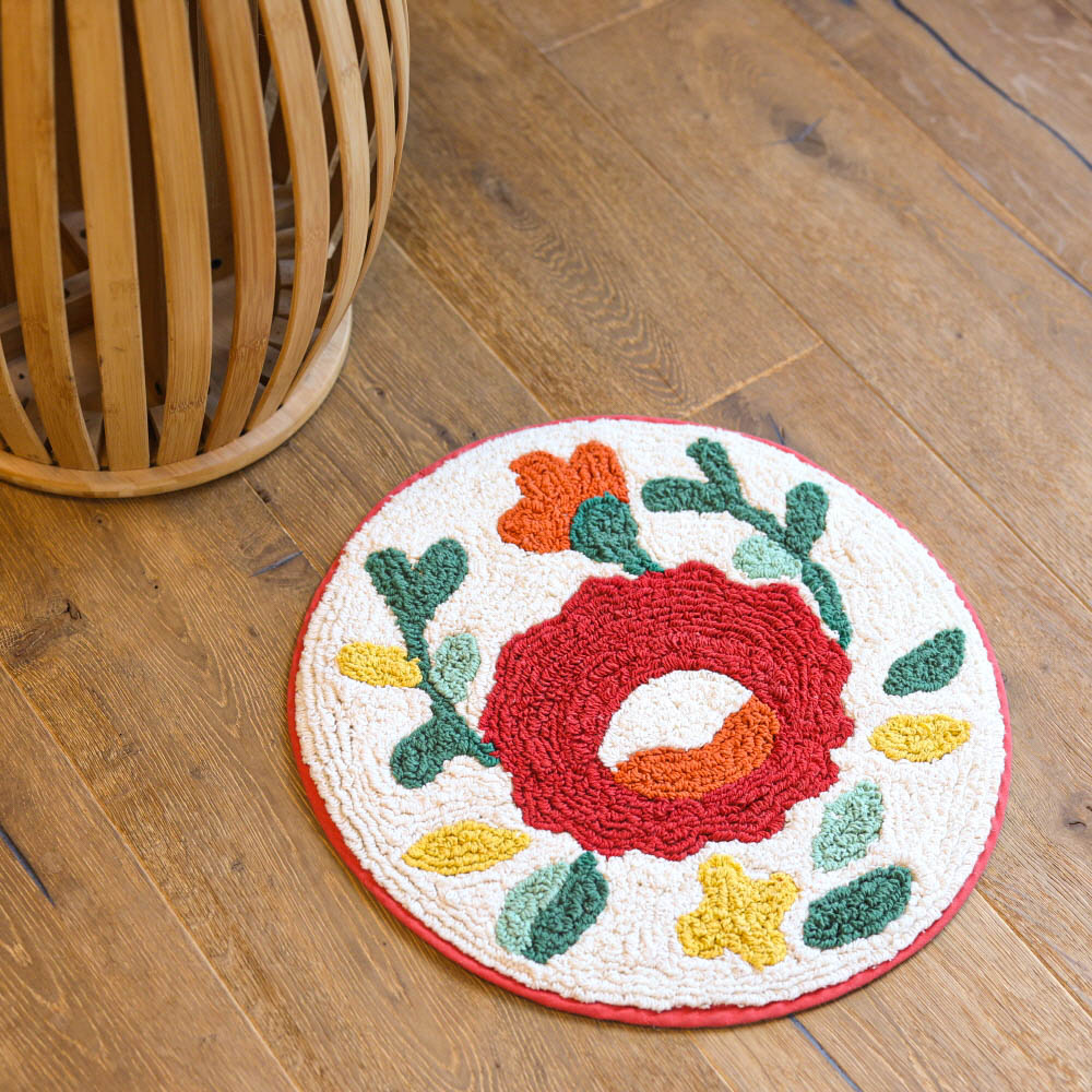 레드 에스닉 플라워 원형 순면 욕실 발매트