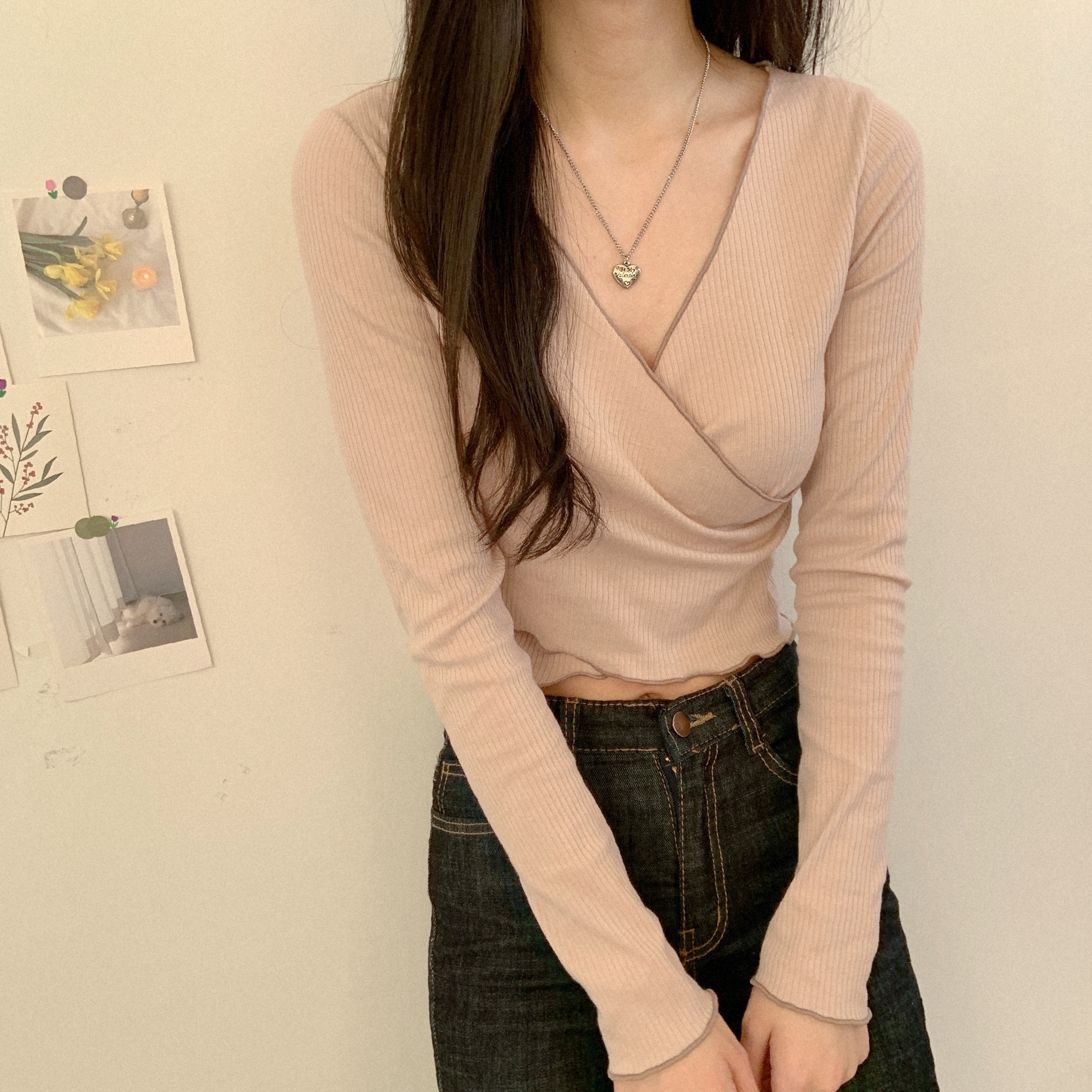 데일리즈 랩디자인 브이넥 긴팔 크롭티 배색날라리 자체제작 - 상세 이미지 5