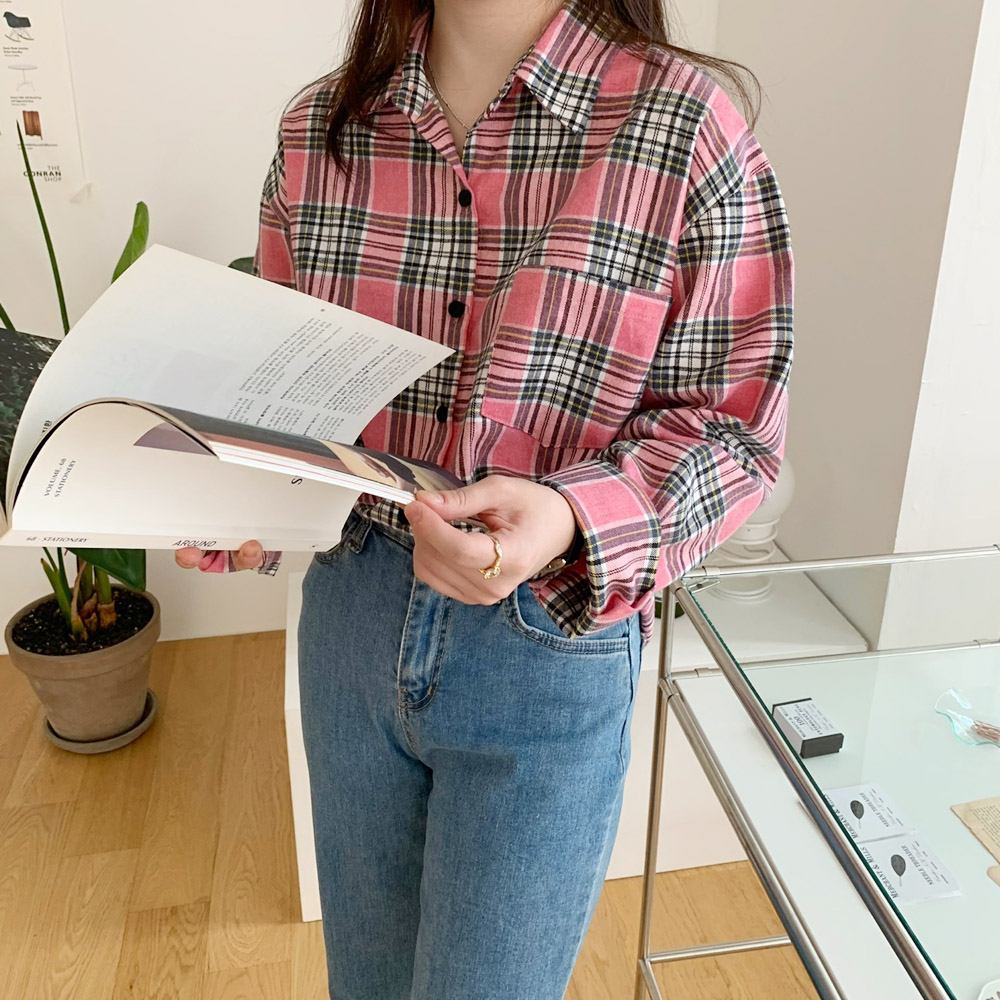 여성 셔츠 피치 기모 여성 체크 남방 면 언발 롱 셔츠 가을 겨울 블라우스 간절기룩 핑크 - 상세 이미지 2
