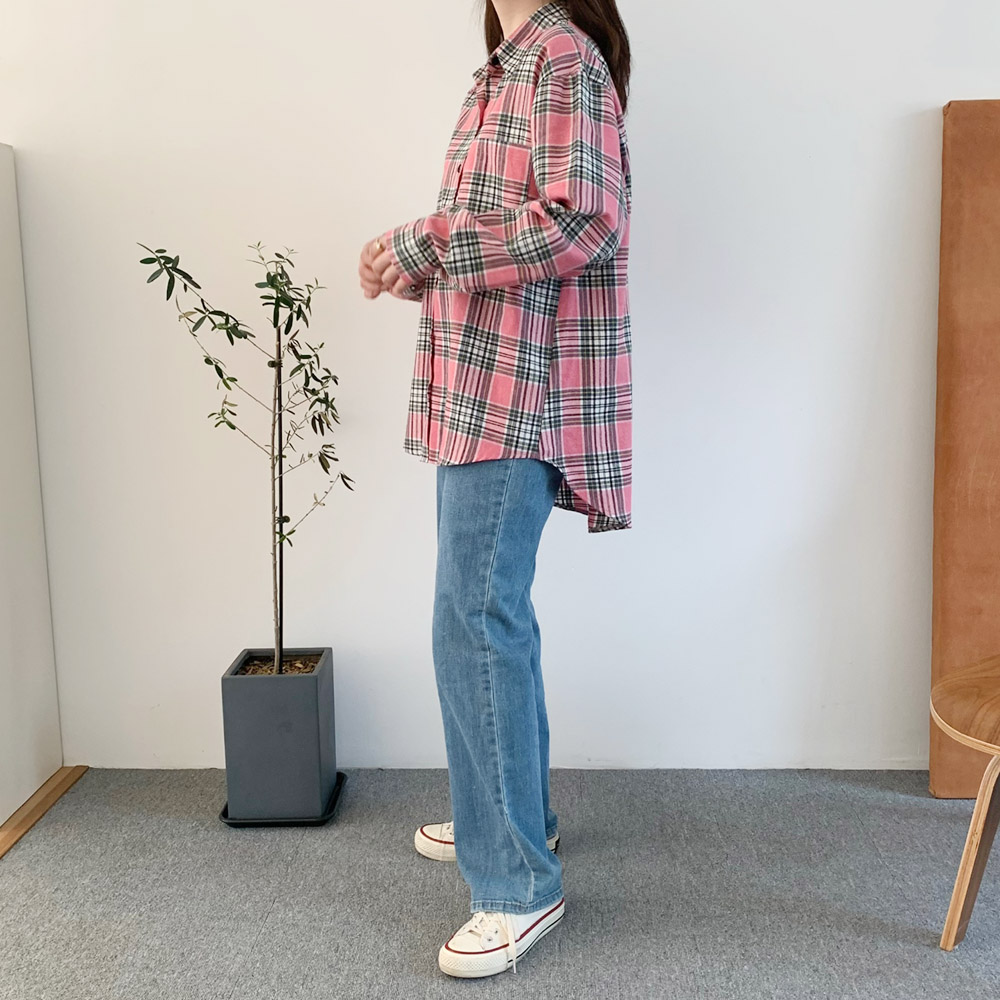 여성 셔츠 피치 기모 여성 체크 남방 면 언발 롱 셔츠 가을 겨울 블라우스 간절기룩 핑크 - 상세 이미지 4