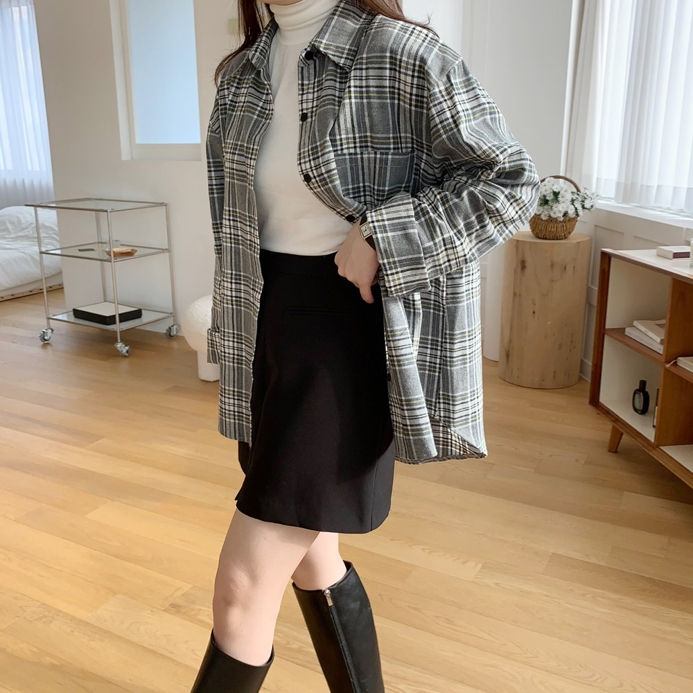 여성 셔츠 피치 기모 여성 체크 남방 면 언발 롱 셔츠 가을 겨울 블라우스 간절기룩 핑크 이미지 6