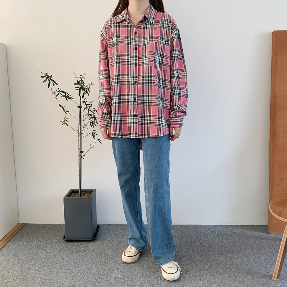 여성 셔츠 피치 기모 여성 체크 남방 면 언발 롱 셔츠 가을 겨울 블라우스 간절기룩 핑크 - 상세 이미지 3