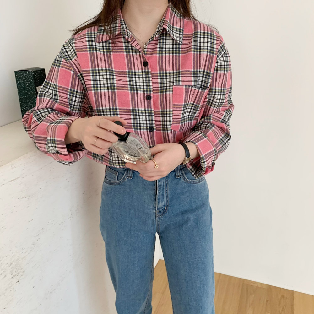 여성 셔츠 피치 기모 여성 체크 남방 면 언발 롱 셔츠 가을 겨울 블라우스 간절기룩 핑크