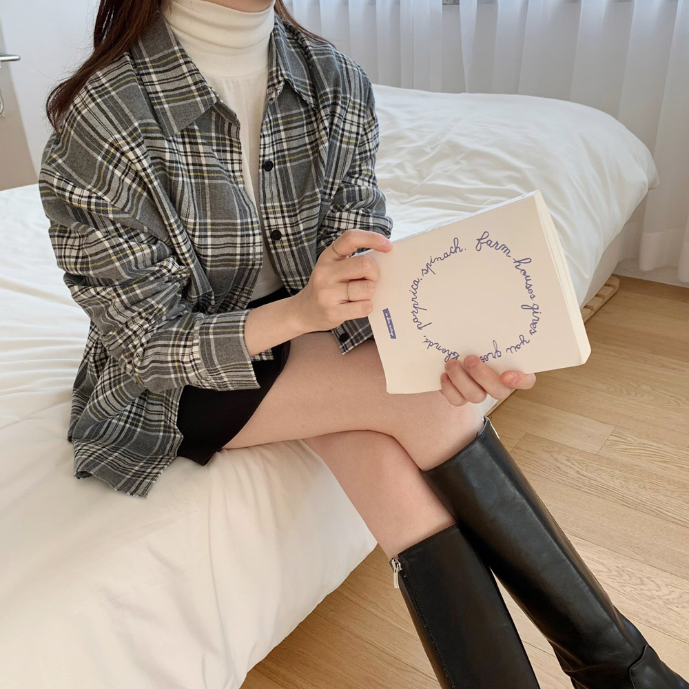 여성 셔츠 피치 기모 여성 체크 남방 면 언발 롱 셔츠 가을 겨울 블라우스 간절기룩 핑크 이미지 7