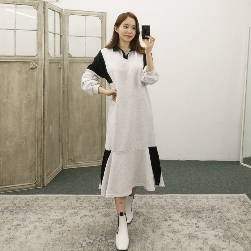 오픈카라 배색 머메이드 루즈핏 긴팔 롱원피스 이미지 2