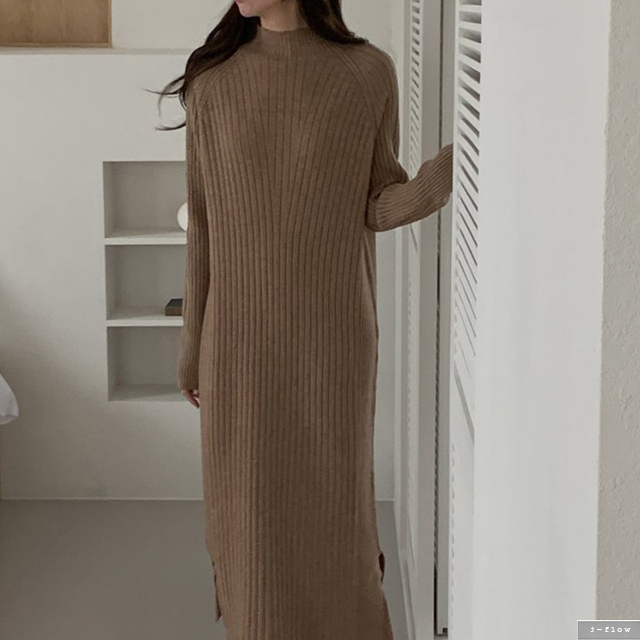 폴리드 니트 맥시 반폴라 골지 울 롱원피스 5col 가을 겨울 루즈핏 부드러운 제이플로우