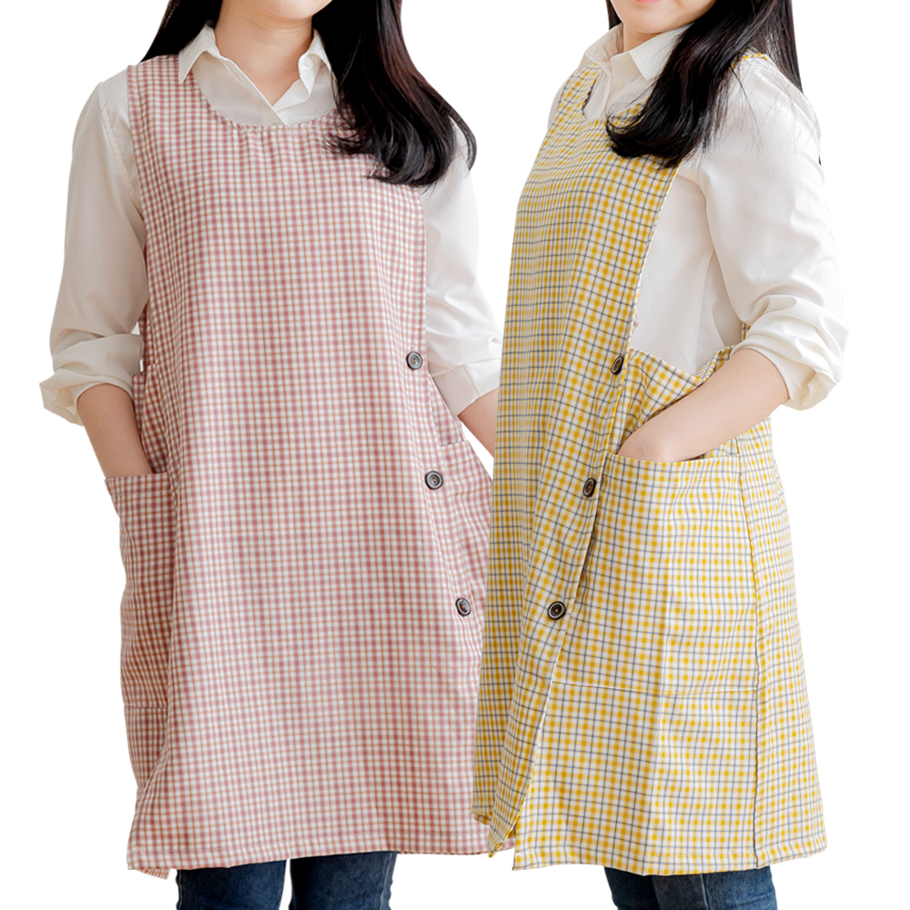 데코에버 찰랑 로맨틱체크 어린이집 선생님 앞치마 롱사이즈 봄 여름 원피스앞치마 옆주머니 요양보호사