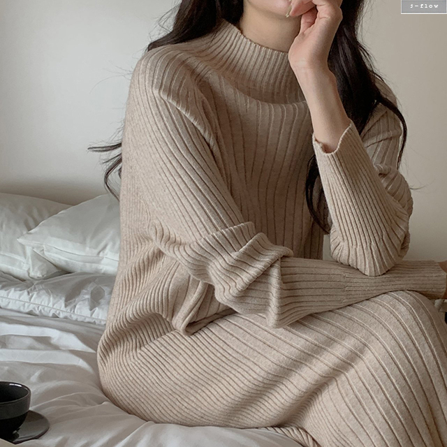 폴리드 니트 맥시 반폴라 골지 울 롱원피스 5col 가을 겨울 루즈핏 부드러운 제이플로우