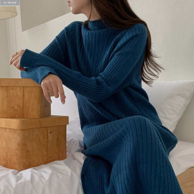 폴리드 니트 맥시 반폴라 골지 울 롱원피스 5col 가을 겨울 루즈핏 부드러운 제이플로우