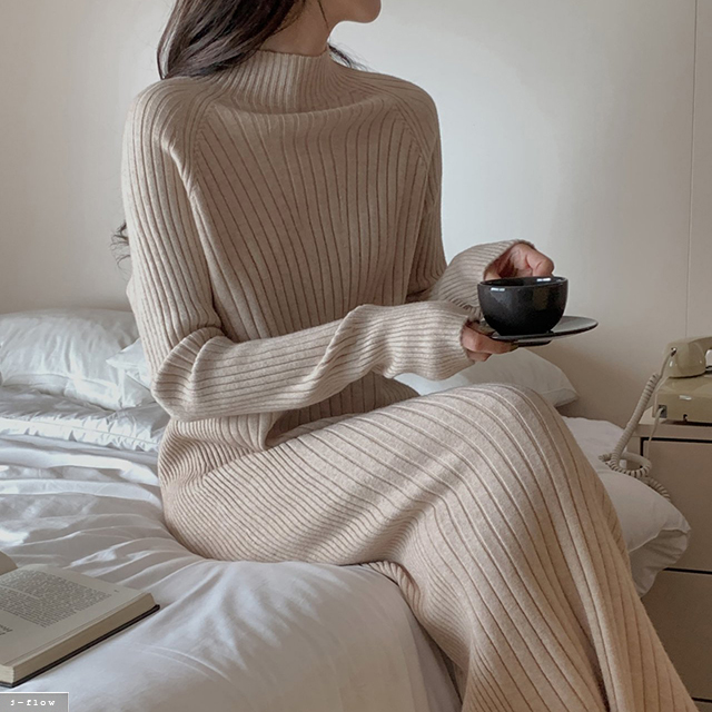 폴리드 니트 맥시 반폴라 골지 울 롱원피스 5col 가을 겨울 루즈핏 부드러운 제이플로우