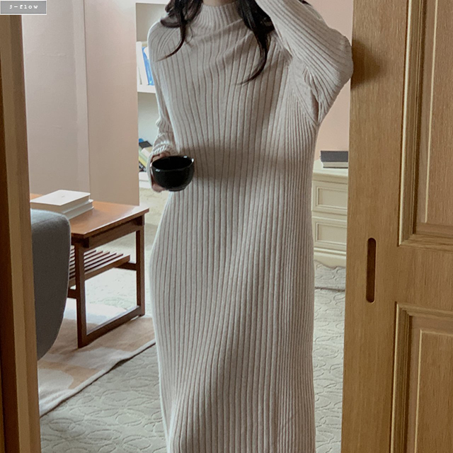 폴리드 니트 맥시 반폴라 골지 울 롱원피스 5col 가을 겨울 루즈핏 부드러운 제이플로우