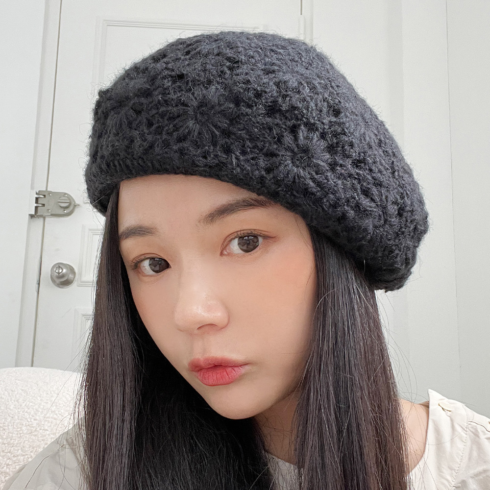 겨울 크로쉐 니트 플라워 베레모 빵모자 이미지 6