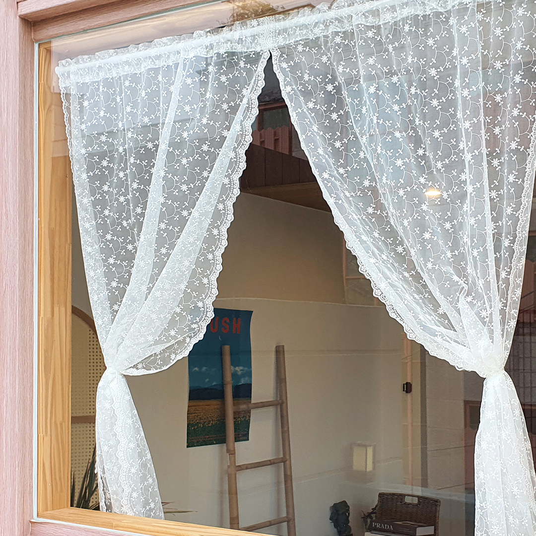 붙이는 작은창 커튼 레이스 짧은 창문 커텐 찍찍이 원룸 커튼