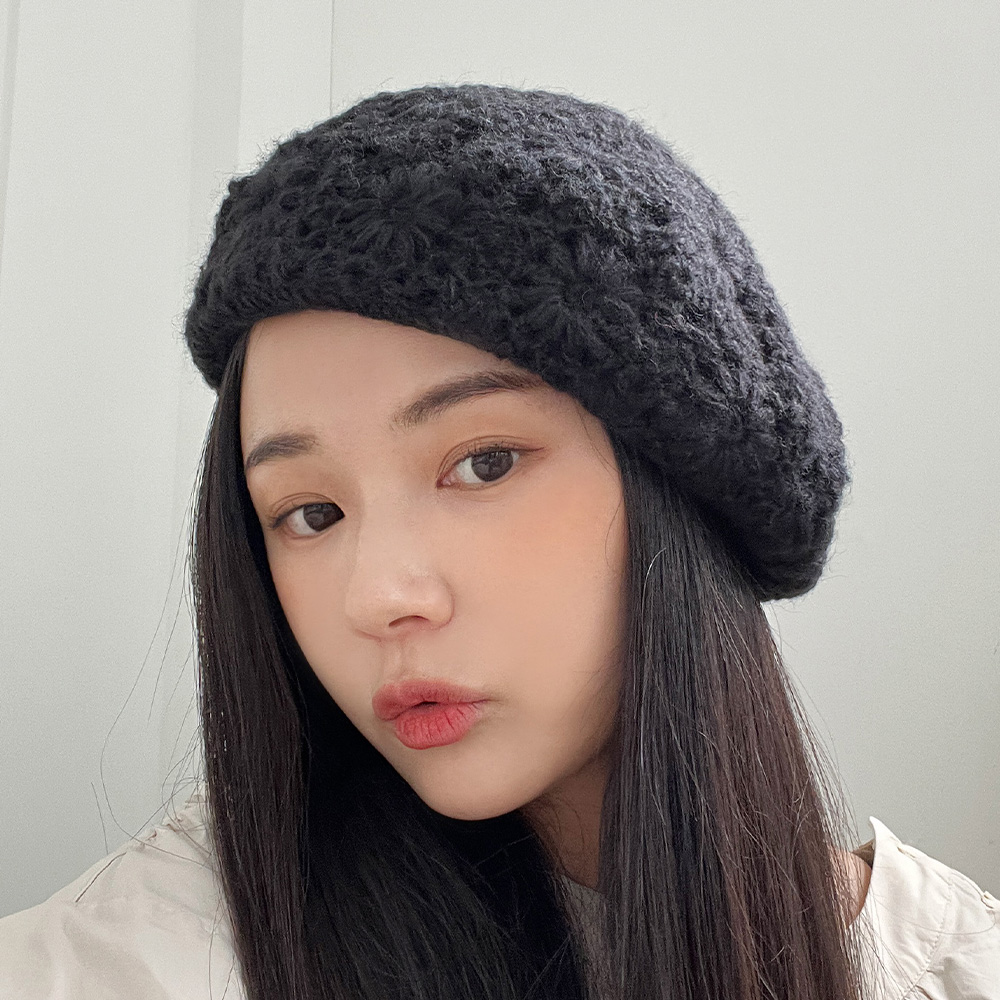 겨울 크로쉐 니트 플라워 베레모 빵모자 이미지 8