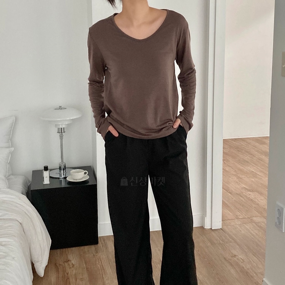 여성 기모 이너 티셔츠 브이넥 무지 레이어드 겨울 제품 이미지
