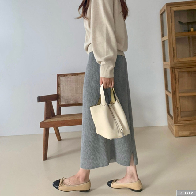 뮬란 벨로아 골지 H라인 밴딩 롱스커트 4col 가을 겨울 도톰 럭키룸 트임 제이플로우 이미지 3