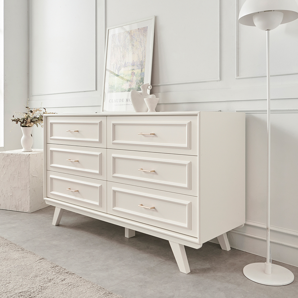 국내생산 웨인스코팅 와이드 이브 서랍장 1450x485x845mm, 3단, 밀크아이보리
