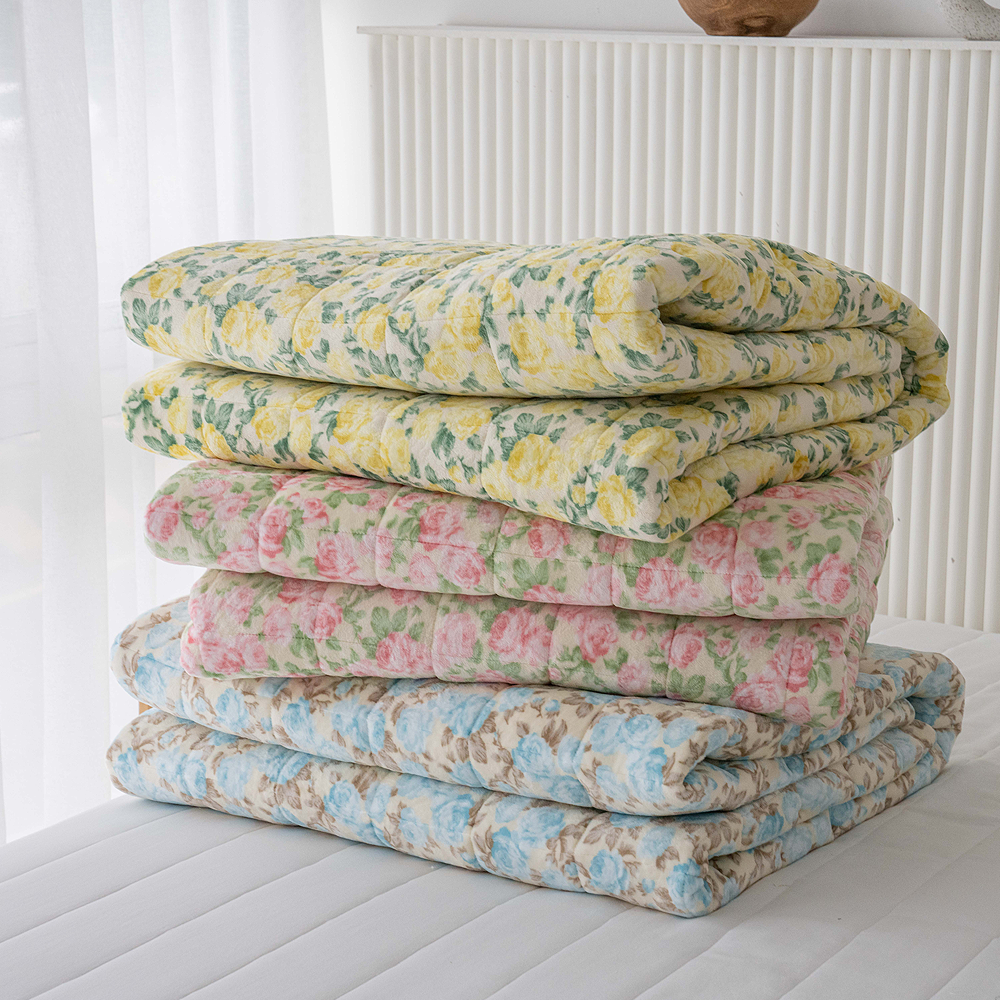 플라워패턴 극세사 리브 3mm 따뜻한 꽃무늬 극세사패드 미끄럼방지 고무밴드 겨울침대패드