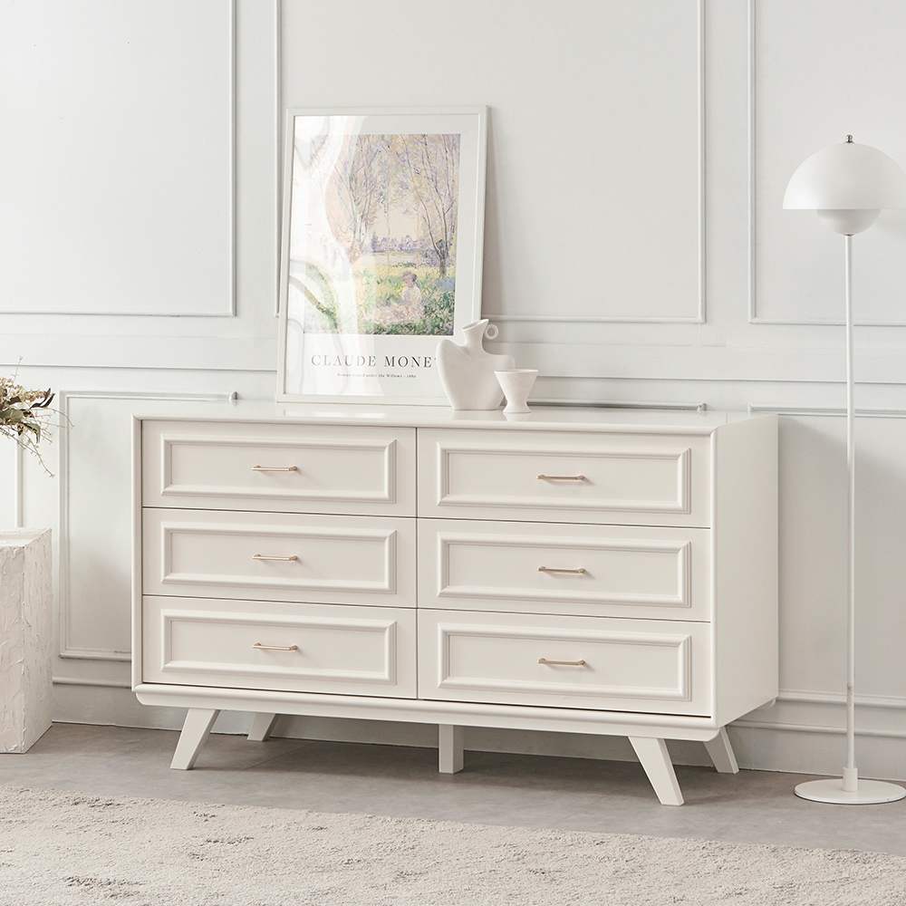 국내생산 웨인스코팅 와이드 이브 서랍장 1450x485x845mm, 3단, 밀크아이보리