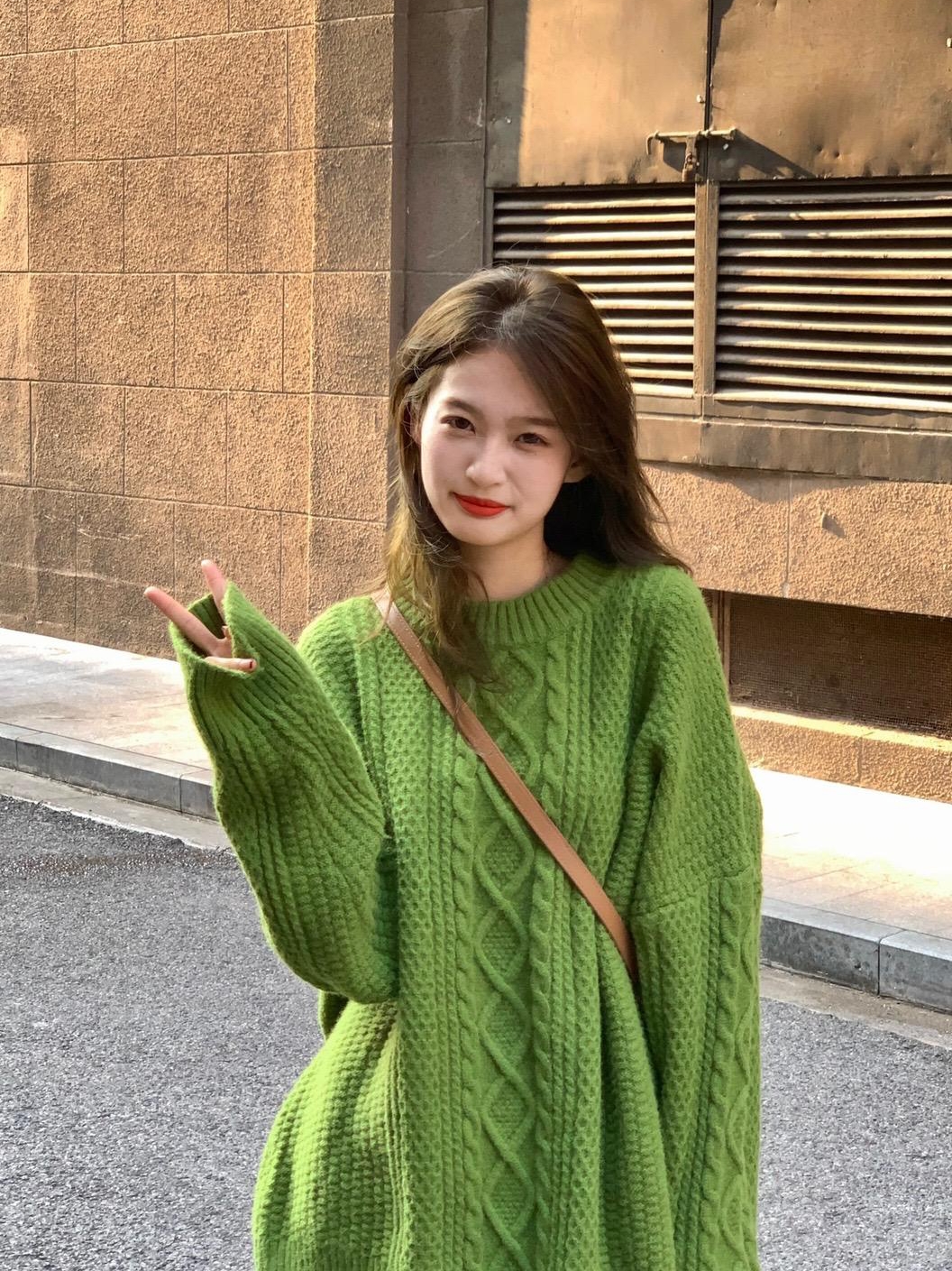 포니크랑 도톰 꽈배기 니트 스웨터 초록색 여리여리 루즈핏 보이즈 니트티 이미지 2