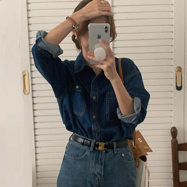 오앤 진청 포켓 카라넥 빈티지 루즈핏 봄 긴팔 여자 청 남방 데님 셔츠