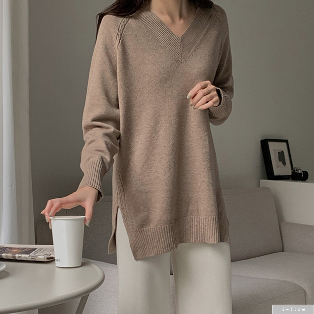 블라 브이넥 부드러운 하프 롱 울니트 5col 가을 겨울 루즈핏 꽈배기 슬릿 제이플로우 제품 이미지