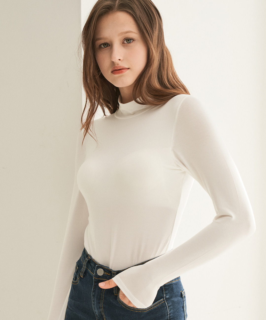 이너리즘 모달 모크넥 노와이어 캡내장 긴팔 노브라 티셔츠 1+1 노브라티 폴라티 이미지 3