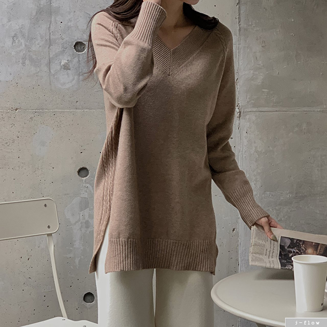 블라 브이넥 부드러운 하프 롱 울니트 5col 가을 겨울 루즈핏 꽈배기 슬릿 제이플로우 이미지 4