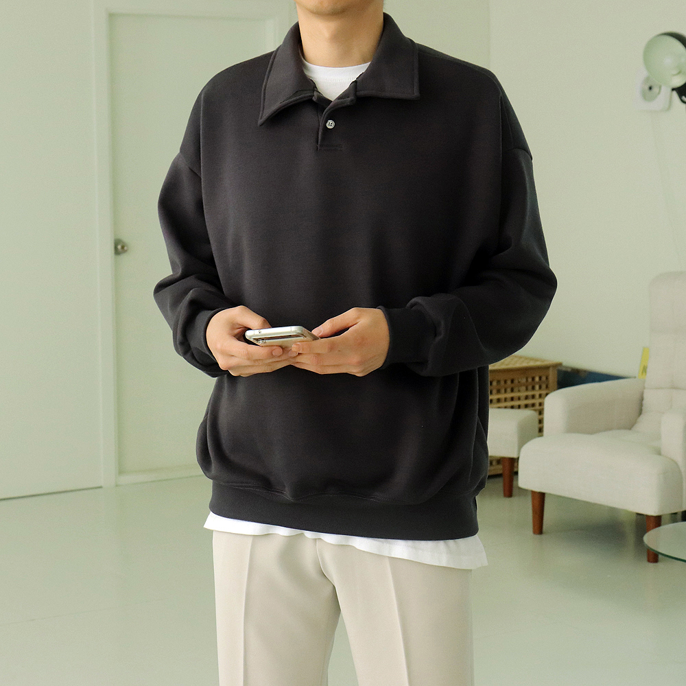 남자기모맨투맨 오버핏 커플 카라 남자맨투맨 - 상세 이미지 2