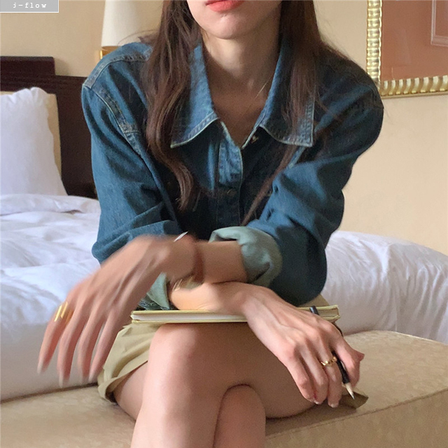 더비 워싱 데님 빈티지 카라 자켓 셔츠 (진청) 가을 봄 크롭 루즈핏 포켓 제이플로우 - 상세 이미지 5