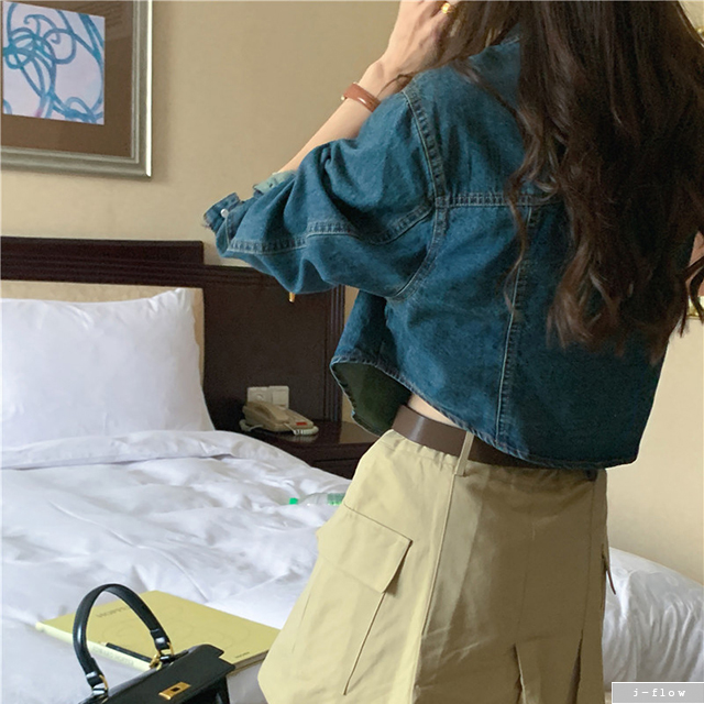 더비 워싱 데님 빈티지 카라 자켓 셔츠 (진청) 가을 봄 크롭 루즈핏 포켓 제이플로우 - 상세 이미지 4